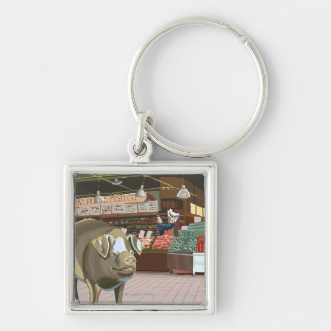 SeattleFish Toss and Bronze Pig at Pike Place Key Ring (Front)