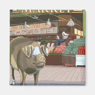 SeattleFish Toss and Bronze Pig at Pike Place Magnet