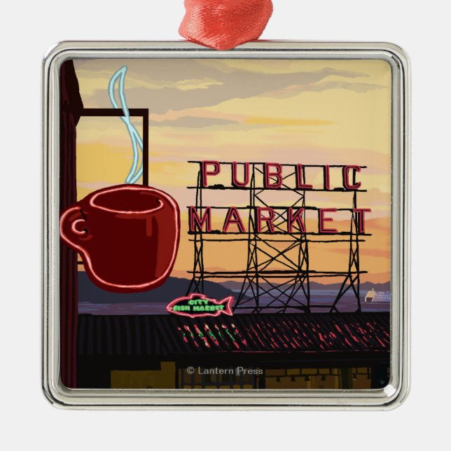 SeattlePike Place Market Sign and Water View Metal Ornament (Front)