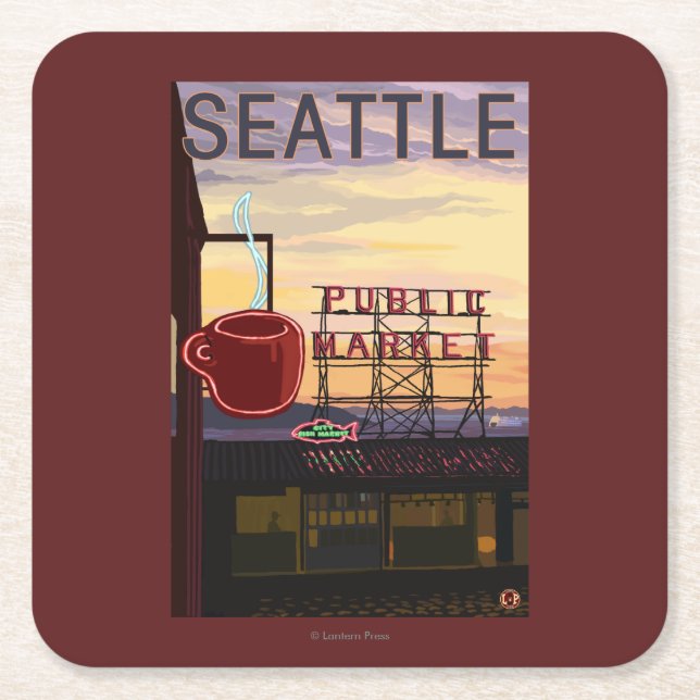 SeattlePike Place Market Sign and Water View Square Paper Coaster (Front)