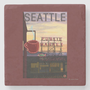 SeattlePike Place Market Sign and Water View Stone Coaster