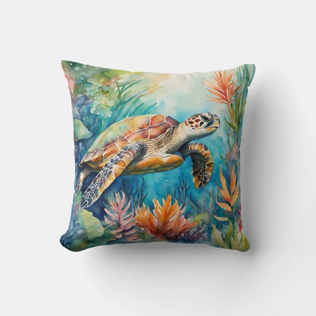 Seaturtle Watercolor Tropical Coastal Beach  Cushion (Front)
