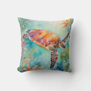 Seaturtle Watercolor Tropical Coastal Sealife Cushion