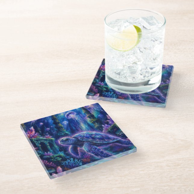 SeaTurtleFantasy  Glass Coaster (Angled)