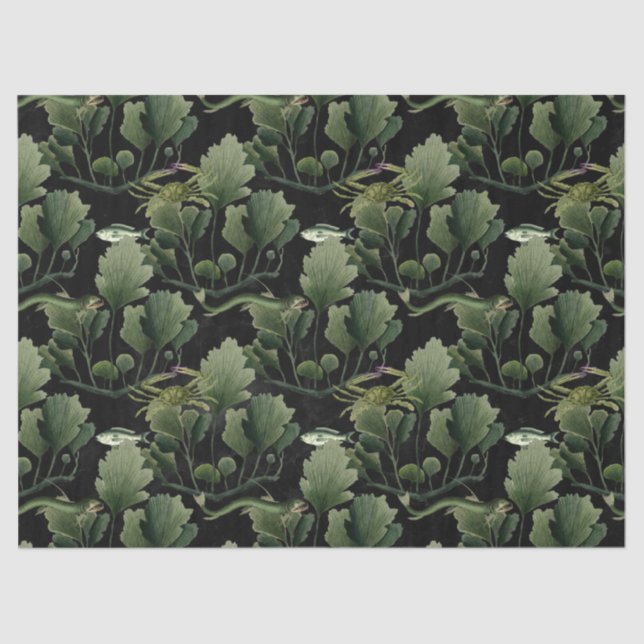 Seaweed and Fish on Black Decoupage Tissue Paper (Front)