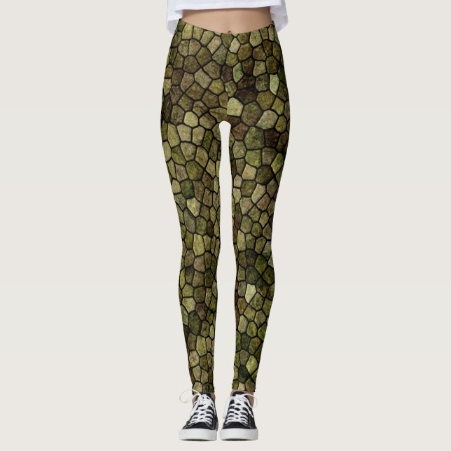 Seaweed and Juniper Cobbled Patchwork Terrazo Patt Leggings (Front)