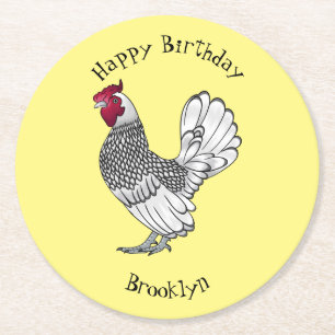 Sebright chicken cartoon illustration round paper coaster