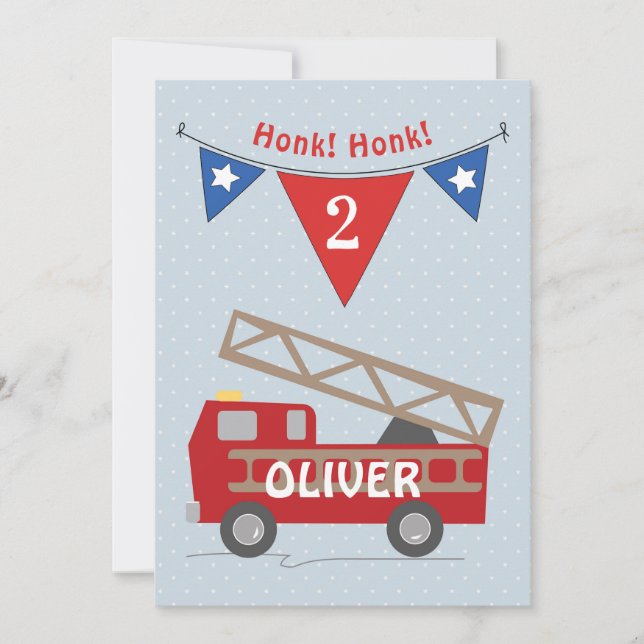 second Birthday boy invitation, fire truck, custom Invitation (Front)