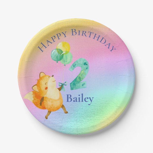 Second Birthday Custom Name Rainbow Balloons Paper Plate (Front)
