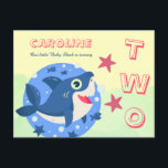 Second birthday cute baby shark ocean yellow green invitation postcard<br><div class="desc">Two years girl birthday yellow green baby shark invitation postcard featuring a cute little shark swimming underwater with fish and red stars.              Easy to personalise with your kid's name and party details on both sides.</div>