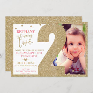 Second Birthday Gold Glitter & Pink Invitation