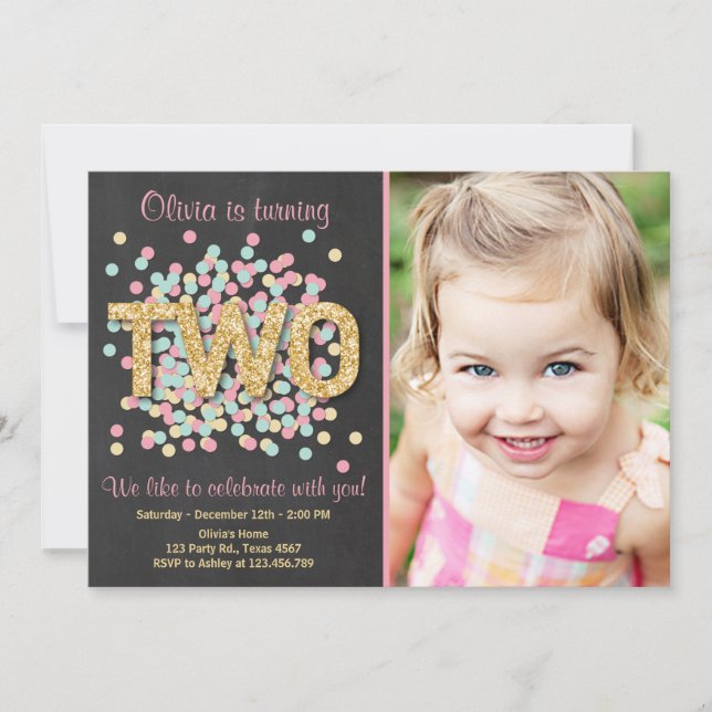 Second Birthday Invitation Girl Pink Gold Mint Two (Front)