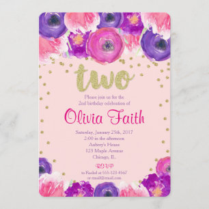 Second birthday invitation girl, pink purple gold