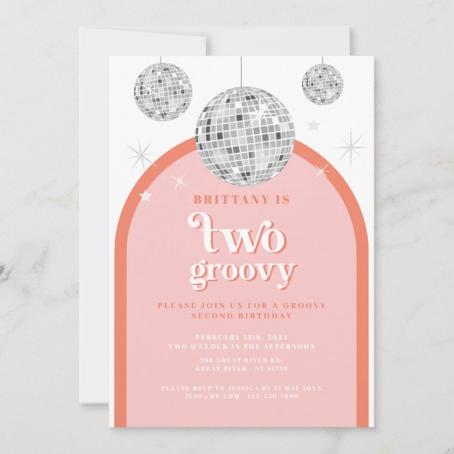 Second Birthday Orange pink Retro Disco arch  Invitation (Front)