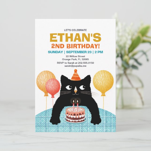 SECOND birthday party cat with cake and  candles Invitation (Standing Front)