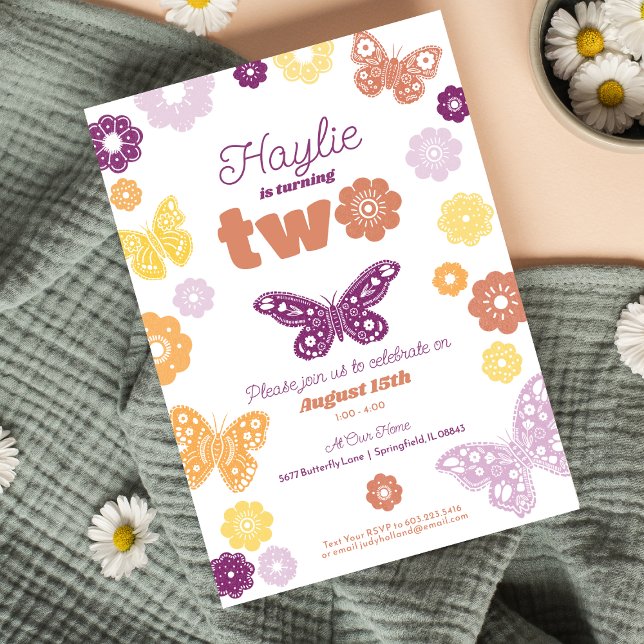Second Birthday Party Retro Butterfly Birthday Invitation (Retro Butterfly Birthday Invitation)