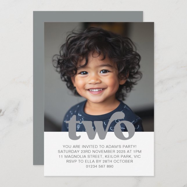 Second Birthday Photo Invitation in Grey (Front/Back)
