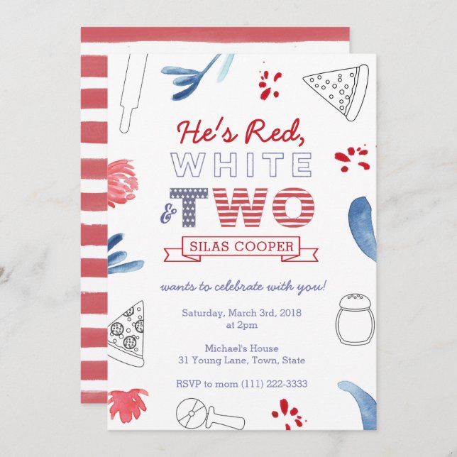 Second Birthday Pizza Party Red White and Blue Invitation (Front/Back)