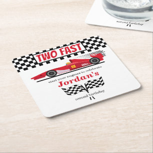 Second Birthday Red Race Car Two Fast Square Paper Coaster