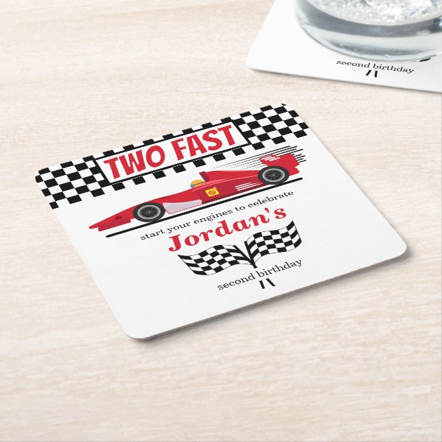 Second Birthday Red Race Car Two Fast Square Paper Coaster (Angled)