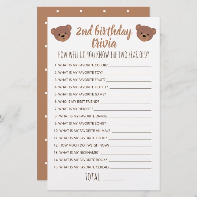 Second Birthday Trivia How Well Do You Know Game (Front/Back)