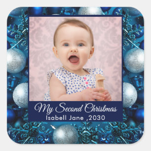 Second Christmas Custom Family Photo Text blue Square Sticker