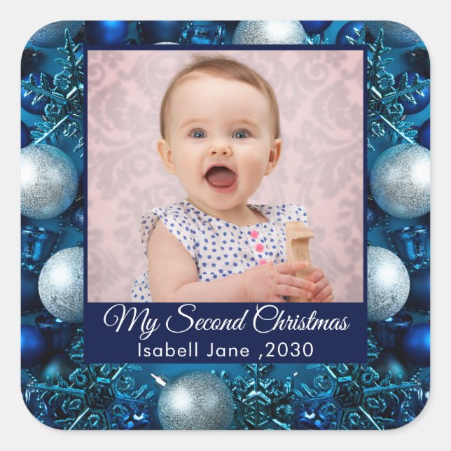 Second Christmas Custom Family Photo Text blue Square Sticker (Front)