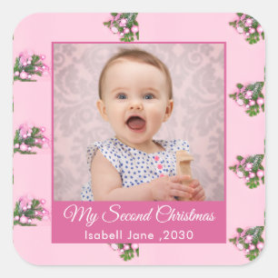 Second Christmas Custom Family Photo Text Pink Square Sticker