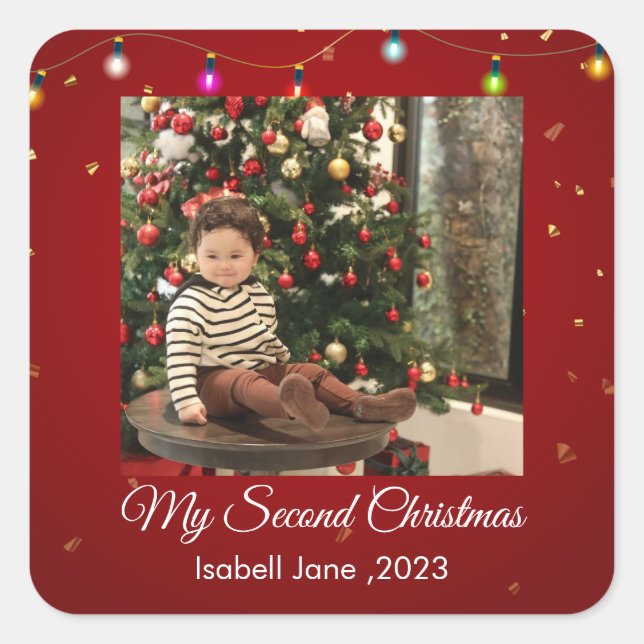 Second Christmas Custom Family Photo Text Template Square Sticker (Front)