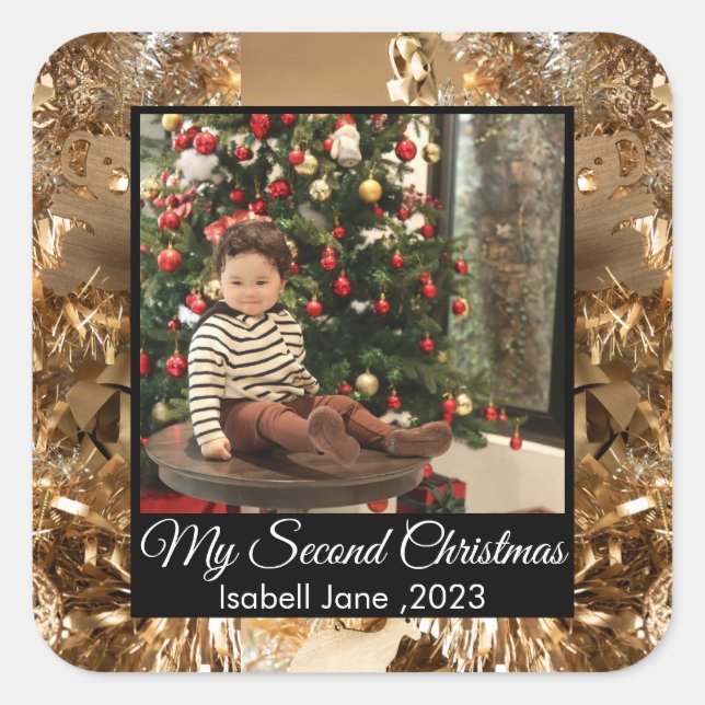 Second Christmas Custom Family Photo Text Template Square Sticker (Front)