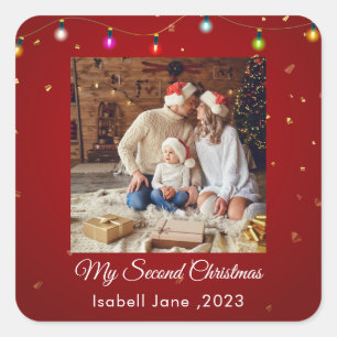 Second Christmas Custom Family Photo Text Template Square Sticker