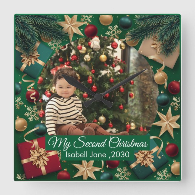 Second Christmas Custom Family Photo Text Template Square Wall Clock (Front)