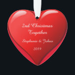 Second Christmas Together Cute Heart 2019 Red Ornament<br><div class="desc">Designed for Christmas 2019,  this is designed with cute romantic red heart design in solid red background and personalised text templates for entering your names. Perfect romantic gift for couple celebrating their 2nd Christmas together.</div>