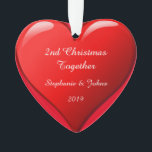 Second Christmas Together Cute Heart 2019 Red Ornament<br><div class="desc">Designed for Christmas 2019,  this is designed with cute romantic red heart design in solid red background and personalised text templates for entering your names. Perfect romantic gift for couple celebrating their 2nd Christmas together.</div>