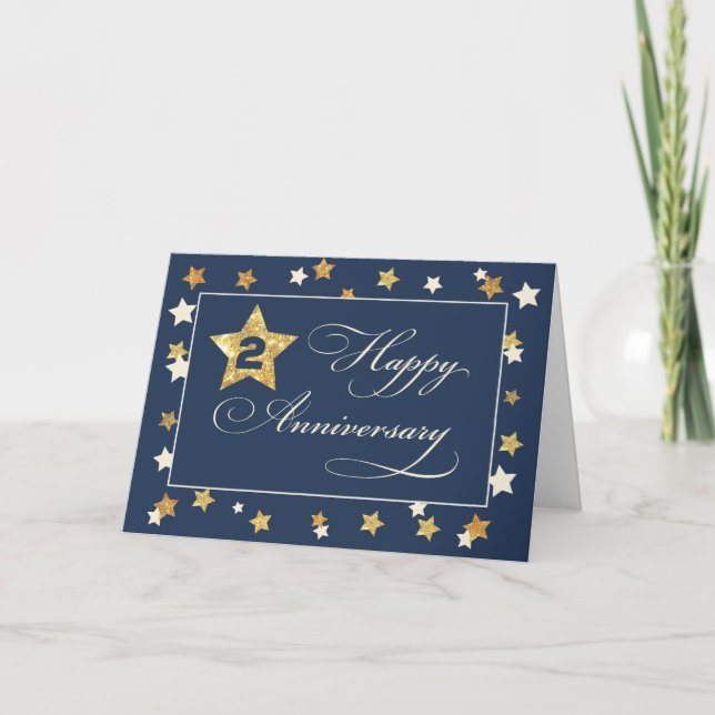 Second Employee Anniversary Navy Gold Effect Stars Card (Front)