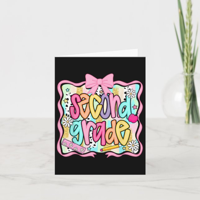 Second Grade Back To School Coquette Pink Bow Prep Card (Front)