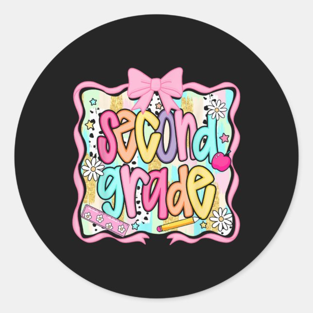 Second Grade Back To School Coquette Pink Bow Prep Classic Round Sticker (Front)