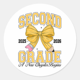 Second Grade Back To School First Day Pencil Bow 2 Classic Round Sticker
