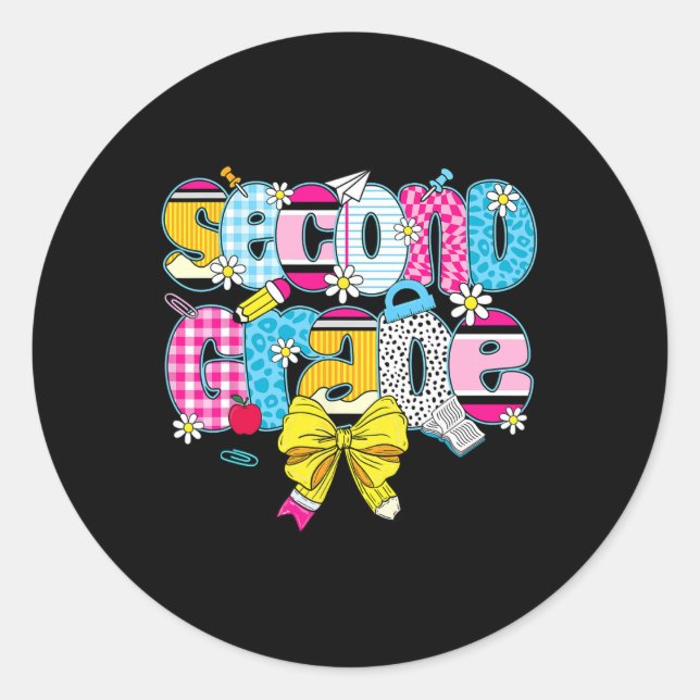 Second Grade Coquette Pencil Bow Back To School Te Classic Round Sticker (Front)