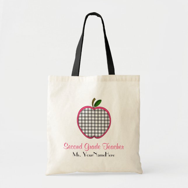 Second Grade Teacher Bag - Grey Gingham Apple (Front)