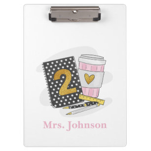 Second Grade Teacher Black Preppy Notebook Coffee Clipboard