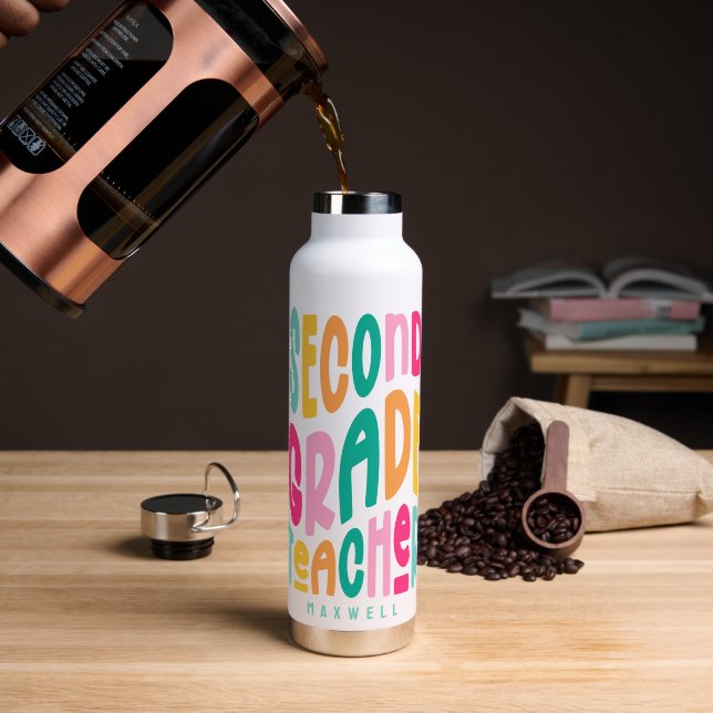 Second Grade Teacher Colorful Text Water Bottle (Coffee (Rotated))