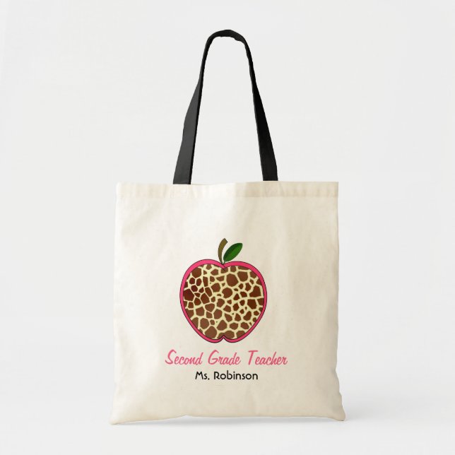 Second Grade Teacher - Giraffe Print Apple Tote Bag (Front)