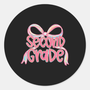 Second Grade Teacher Girly Pink Coquette Bow Back Classic Round Sticker