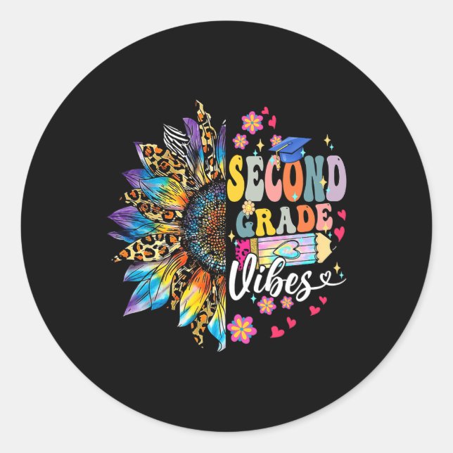 Second Grade Vibes Back To School Leopard Sunflowe Classic Round Sticker (Front)