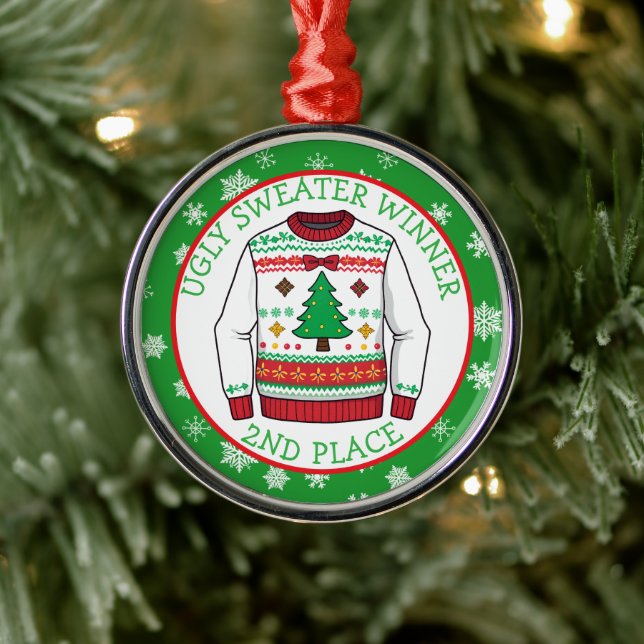 Second Place Ugly Sweater Winner Christmas Metal Ornament (Tree)