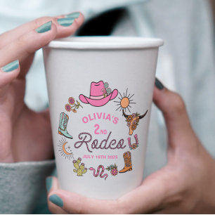 Second Rodeo Pink Western Cowboy 2nd Birthday Paper Cups