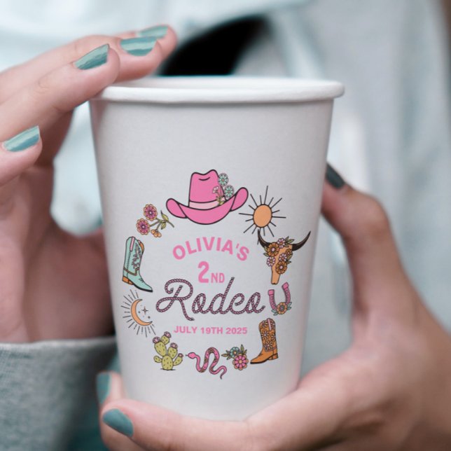 Second Rodeo Pink Western Cowboy 2nd Birthday Paper Cups (Creator Uploaded)