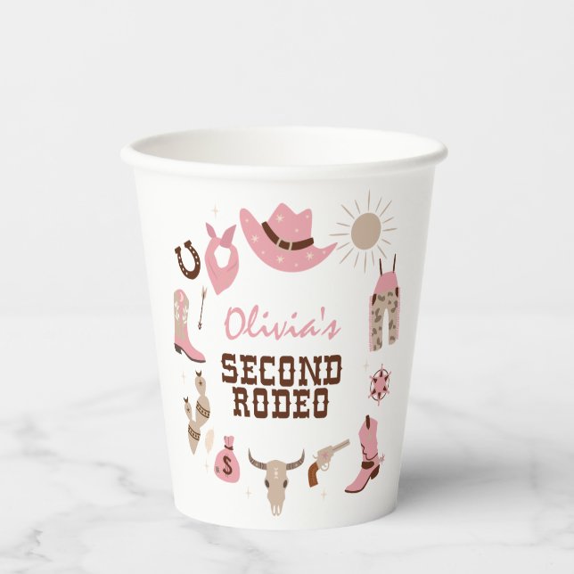 Second Rodeo Pink Western Cowboy 2nd Birthday Paper Cups (Front)