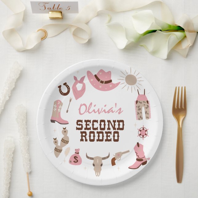 Second Rodeo Pink Western Cowboy 2nd Birthday Paper Plate (Wedding)